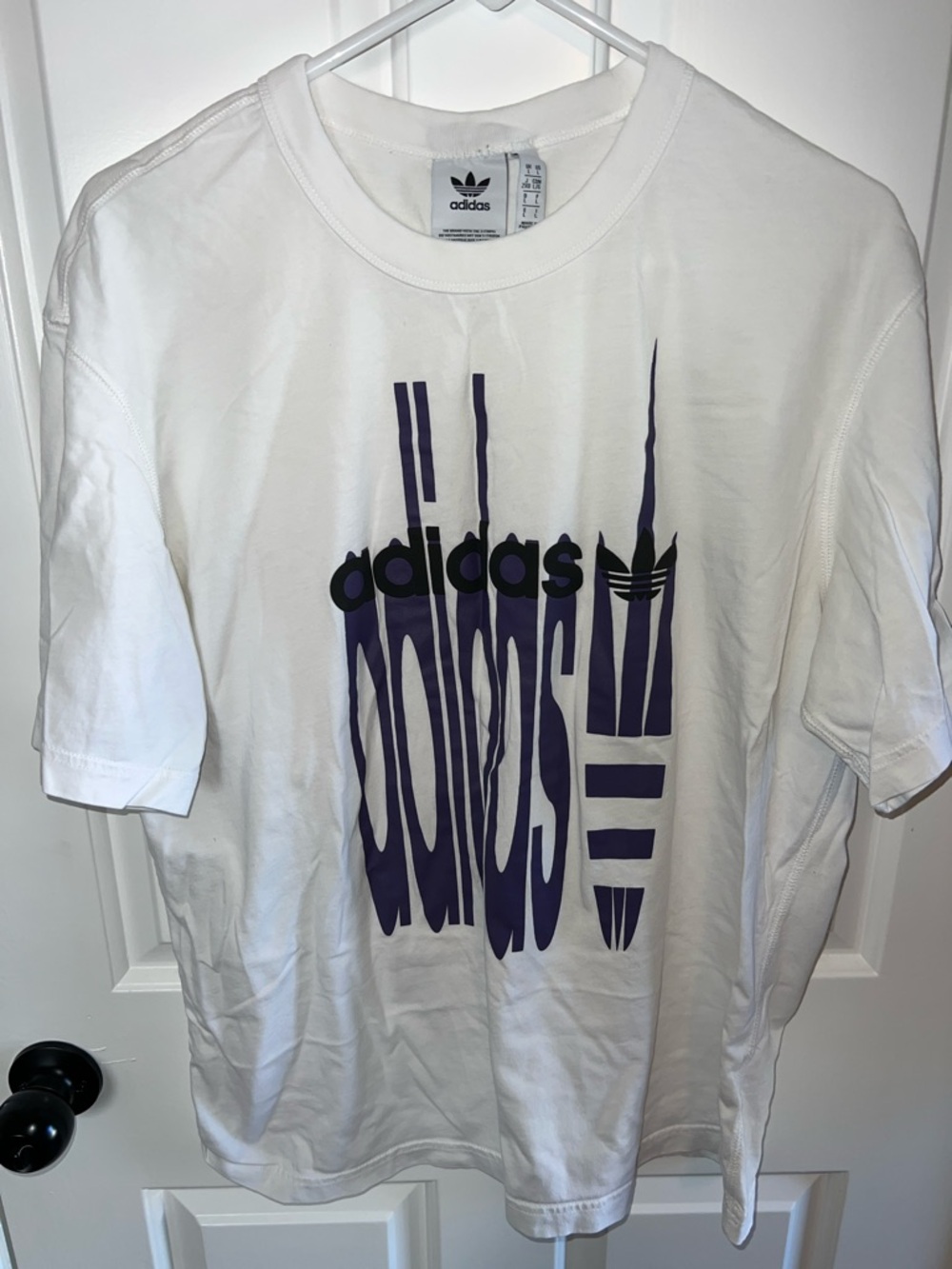 adidas White Short Sleeve Tee with Purple Graphic Logo
